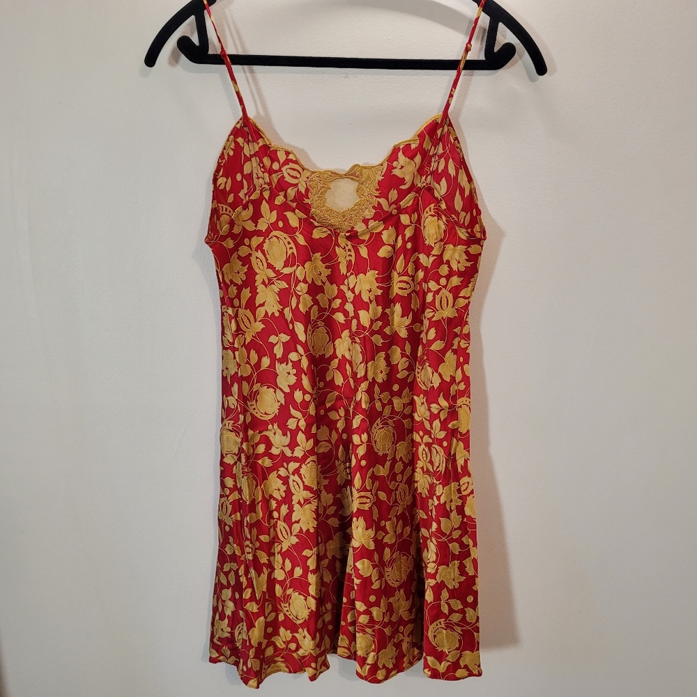 Victoria Secret Vintage 90s scarlet red & gold lace 100% silk mini slip dress- M - Picture 4 of 9
